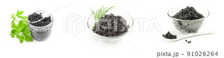 Collection of black caviar close-up isolated on white background Collection of black caviar close-up isolated on white background 91026264