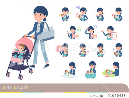 赤ちゃんのお世話をするナチュラルスタイル女性のセット 91026453