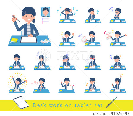 タブレット端末で学習するナチュラルスタイル女性のセット 91026498