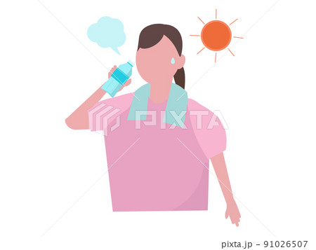 水を飲む女性 熱中症対策 水分補給 男性 屋外 太陽 ペットボトル イラスト 91026507