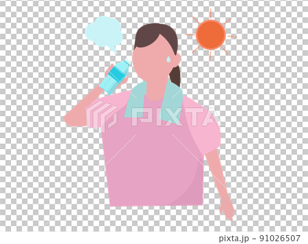 水を飲む女性 熱中症対策 水分補給 男性 屋外 太陽 ペットボトル イラスト 91026507