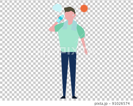 水を飲む男性 熱中症対策 水分補給 屋外 太陽 ペットボトル イラスト 91026574