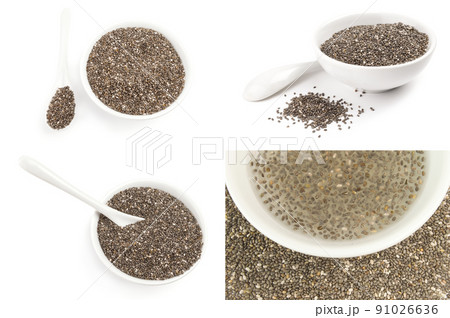 Group of chia seeds isolated on a white background with clipping path Group of chia seeds isolated on a white background with clipping path 91026636