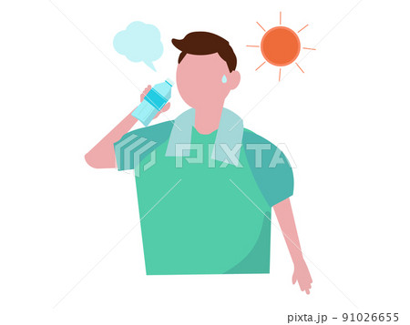 水を飲む男性 熱中症対策 水分補給 男性 屋外 太陽 ペットボトル イラスト 91026655