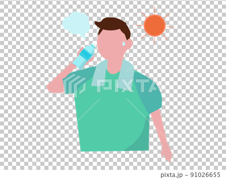 水を飲む男性 熱中症対策 水分補給 男性 屋外 太陽 ペットボトル イラスト 91026655