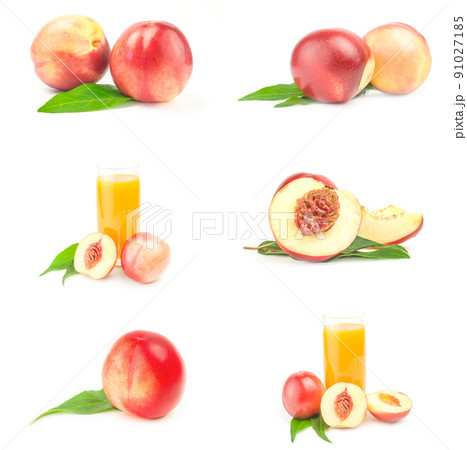 Collection of isolated peaches isolated on a white background cutout 91027185