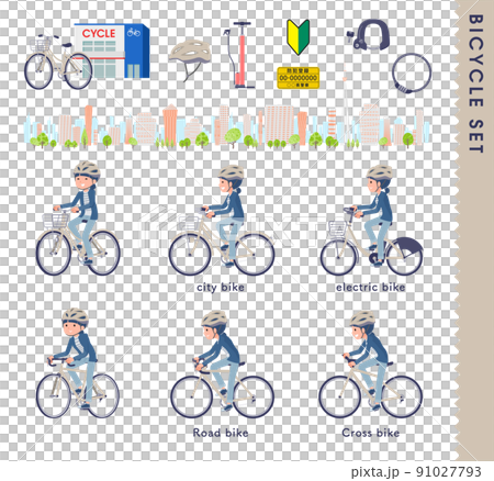 A set of natural style women riding various bicycles A set of natural style women riding various bicycles 91027793