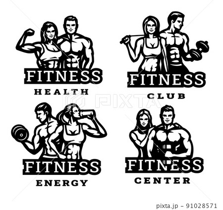 Man and woman, a set of fitness logos. Vector illustration. Man and woman, a set of fitness logos. Vector illustration. 91028571