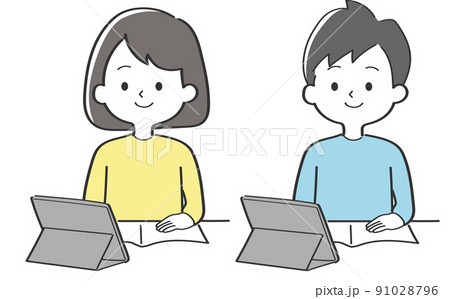 タブレット学習する男児と女児セット 91028796