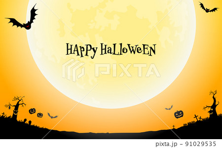 ハロウィンのポスター、満月とコウモリとジャック・オー・ランタン 91029535