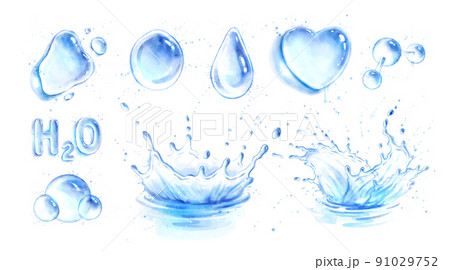 Watercolor set of water splash crown and blots 91029752