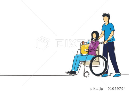 Single one line drawing young man supporting and caring disabled old woman on wheelchair. Volunteer helping with shopping, taking care of senior woman. Continuous line draw design vector illustration 91029794