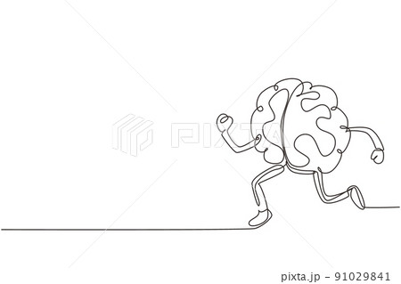 Single continuous line drawing brain running with shoes cartoon isolated. Train your brain. Creative concept. Flat design of brain for sport win. One line draw graphic design vector illustration Single continuous line drawing brain running with shoes cartoon isolated. Train your brain. Creative concept. Flat design of brain for sport win. One line draw graphic design vector illustration 91029841