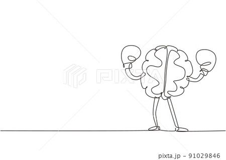 Continuous one line drawing brain with boxing gloves celebrating victory. Concept of proving and defending your position, power mind, memory. Single line draw design vector graphic illustration 91029846