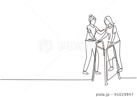 Single continuous line drawing woman walking in medical rehabilitation, physical therapy. Female in recovery doing exercises. Girl therapist helping in rehab healthcare. One line draw design vector 91029847
