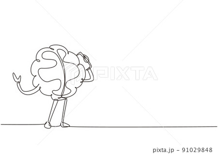 Single continuous line drawing brain using smartphone talking cartoon person mobile phones. Business negotiations by phone human brain character, smart wise. One line draw design vector illustration 91029848