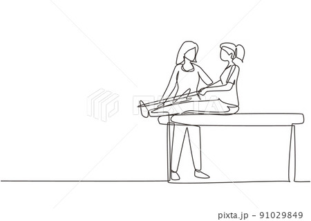 Continuous one line drawing people massage, professional relax therapy, medical health, female masseur. Woman sitting on couch, medicine wellness therapist specialist. Single line draw design vector 91029849