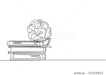 Continuous one line drawing cartoon brain reading book. Funny brain character sitting on stack of books. Learn and study print. Education school poster. Single line draw design vector illustration 91029855