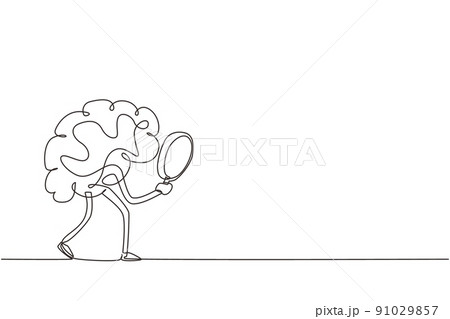 Single one line drawing brain mascot character holding magnifying glass in search of something concept, looking through it with big eye. Modern continuous line draw design graphic vector illustration 91029857