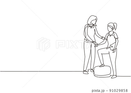 Single one line drawing woman therapist helping young female patient stepping up the stairs, medical rehabilitation, physical therapy activity. Continuous line draw design graphic vector illustration 91029858