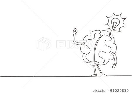 Single one line drawing human brain invented something with bulb icon. Found the answer cartoon brain concept. Flat style design of brain for education. Continuous line draw design vector illustration 91029859