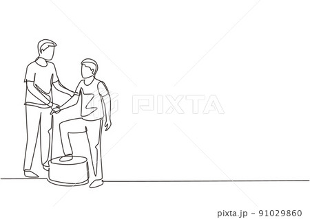 Continuous one line drawing man therapist helping young male patient stepping up the stairs, medical rehabilitation, physical therapy activity. Single line draw design vector graphic illustration 91029860