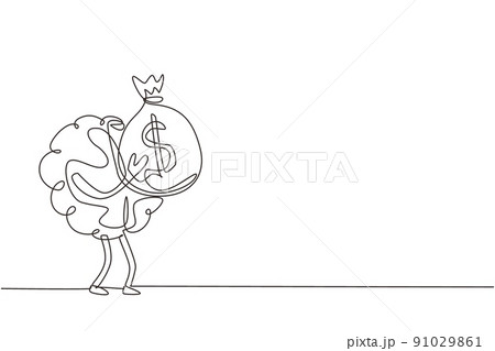 Single continuous line drawing rich human brain cartoon design holds money bags. Cute brain mascot illustration holding bag full of money. Dynamic one line draw graphic design vector illustration 91029861