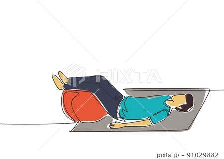 Continuous one line drawing physiotherapy rehabilitation isometric composition with man character lying on mat with legs on rubber ball. Healthcare concept. Single line draw design vector illustration 91029882