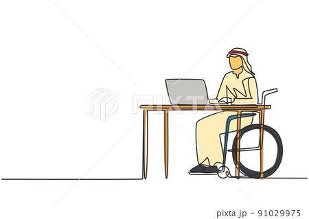 Continuous one line drawing young Arabian man uses wheelchair and working with computer in office. Online job and startup. Physical disability. Single line draw design vector graphic illustration 91029975