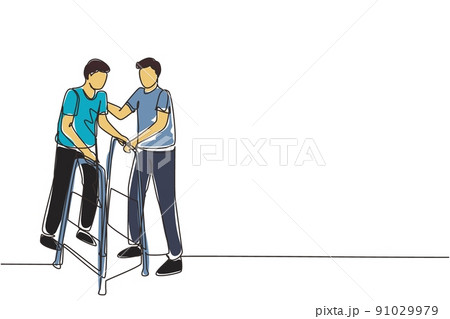 Single continuous line drawing man walking in medical rehabilitation, physical therapy center. Male in recovery doing exercises. Guy therapist helping in rehab healthcare. One line draw design vector Single continuous line drawing man walking in medical rehabilitation, physical therapy center. Male in recovery doing exercises. Guy therapist helping in rehab healthcare. One line draw design vector 91029979