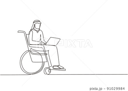 Single continuous line drawing disabled Arab man working on laptop. Wheelchair, idea, computer. Freelance, disability. Online job, startup. Physical disability and society one line draw design vector Single continuous line drawing disabled Arab man working on laptop. Wheelchair, idea, computer. Freelance, disability. Online job, startup. Physical disability and society one line draw design vector 91029984