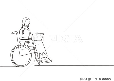 Single continuous line drawing disabled Arab woman working on laptop. Wheelchair, idea, computer. Freelance, disability. Online job, startup. Physical disability, society. One line draw design vector 91030009