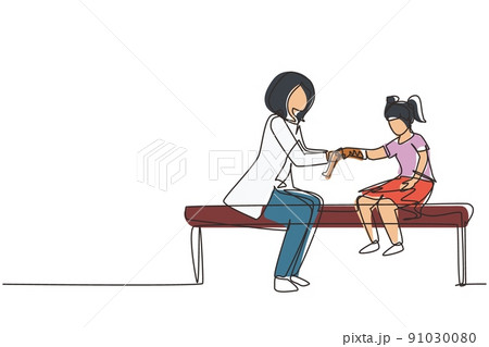 Single one line drawing little kid on consultation with orthopedic doctor. Children's doctor works with little girl. Orthopedist bandages girl's hand. Continuous line draw design vector illustration Single one line drawing little kid on consultation with orthopedic doctor. Children's doctor works with little girl. Orthopedist bandages girl's hand. Continuous line draw design vector illustration 91030080
