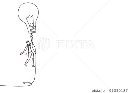 Single continuous line drawing businessman flying holding idea bulbs. Big idea to solve business problem, invention or innovation to drive business growth. One line draw design vector illustration 91030187