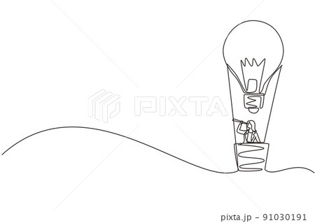 Continuous one line drawing businesswoman watching through telescope in hot air balloon-light bulb. Woman in lightbulb balloon search to business idea planning ahead. Single line draw design vector 91030191