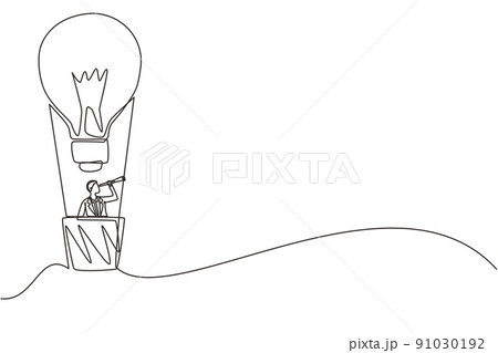 Continuous one line drawing businessman watching through telescope in hot air balloon-light bulb in the sky. Man in lightbulb balloon search to success. Business idea. Single line draw design vector 91030192
