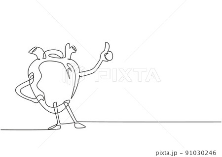Single one line drawing healthy and fit heart with strong muscles with thumbs up gesture. Health of cardiovascular system. Power and strength of heart organ. Continuous line draw design graphic vector 91030246