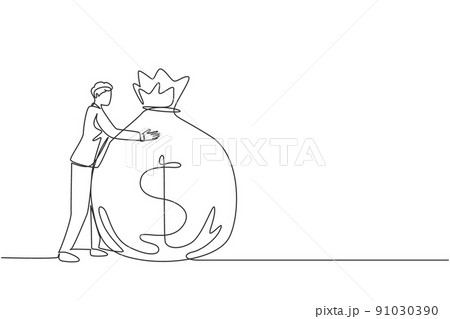 Continuous one line drawing businessman hugging big money bag. Financial success. Man standing and hugging huge cash bag. Business angel creative idea. Single line draw design vector illustration Continuous one line drawing businessman hugging big money bag. Financial success. Man standing and hugging huge cash bag. Business angel creative idea. Single line draw design vector illustration 91030390