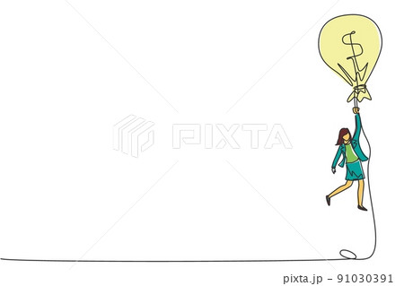 Single continuous line drawing businesswoman flying with money bag dollar balloon. Successful financial concept. Female earning money and have success. One line draw graphic design vector illustration Single continuous line drawing businesswoman flying with money bag dollar balloon. Successful financial concept. Female earning money and have success. One line draw graphic design vector illustration 91030391