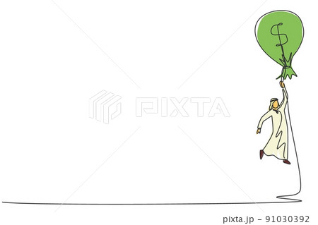 Single continuous line drawing Arab businessman flying with money bag dollar balloon. Successful financial concept. Man earning money and have success. One line draw graphic design vector illustration Single continuous line drawing Arab businessman flying with money bag dollar balloon. Successful financial concept. Man earning money and have success. One line draw graphic design vector illustration 91030392