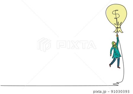 Single one line drawing Arabian businesswoman flying with money bag dollar balloon. Successful financial concept. Female earning money and have success. Continuous line draw design vector illustration 91030393