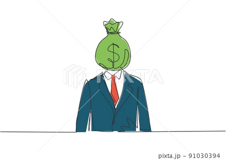 Single continuous line drawing businessman with money bag instead of head, symbolizing avarice, broker, money, success. Money bag with dollar sign. One line draw graphic design vector illustration Single continuous line drawing businessman with money bag instead of head, symbolizing avarice, broker, money, success. Money bag with dollar sign. One line draw graphic design vector illustration 91030394