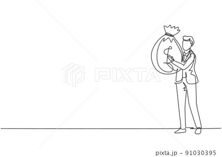 Single continuous line drawing businessman holding large bag full of money. Smiling man walking and carrying big heavy sack full of cash money. Dynamic one line draw graphic design vector illustration Single continuous line drawing businessman holding large bag full of money. Smiling man walking and carrying big heavy sack full of cash money. Dynamic one line draw graphic design vector illustration 91030395