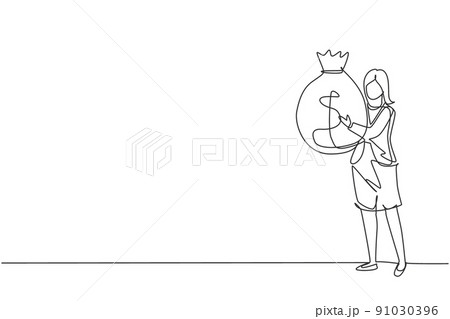 Continuous one line drawing happy businesswoman holding large bag full of money. Smiling woman walking, carrying big heavy sack full of cash money. Single line draw design vector graphic illustration Continuous one line drawing happy businesswoman holding large bag full of money. Smiling woman walking, carrying big heavy sack full of cash money. Single line draw design vector graphic illustration 91030396