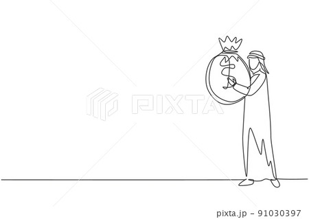 Continuous one line drawing Arabian businessman holding large bag full of money. Smiling man walking and carrying big heavy sack full of cash money. Single line draw design vector graphic illustration 91030397