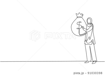 Continuous one line drawing Arab businesswoman holding large bag full of money. Smiling Arabian woman walking, carrying big heavy sack full of cash money. Single line draw design vector illustration 91030398