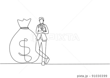 Continuous one line drawing happy businessman in suit standing near big heavy bag with dollar sign. Male leaning on money sack. Success concept. Single line draw design vector graphic illustration 91030399