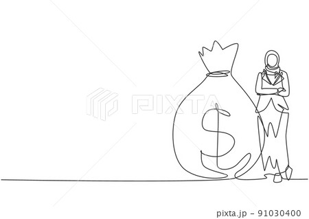 Single continuous line drawing Arabian businesswoman in hijab standing near big heavy bag with dollar sign. Female leaning on money sack. Successful concept. One line draw design vector illustration Single continuous line drawing Arabian businesswoman in hijab standing near big heavy bag with dollar sign. Female leaning on money sack. Successful concept. One line draw design vector illustration 91030400