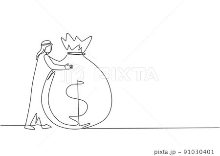 Single one line drawing Arab businessman hugging big money bag. Financial success. Man standing and hugging huge cash bag. Business angel creative idea. Continuous line draw design vector illustration Single one line drawing Arab businessman hugging big money bag. Financial success. Man standing and hugging huge cash bag. Business angel creative idea. Continuous line draw design vector illustration 91030401