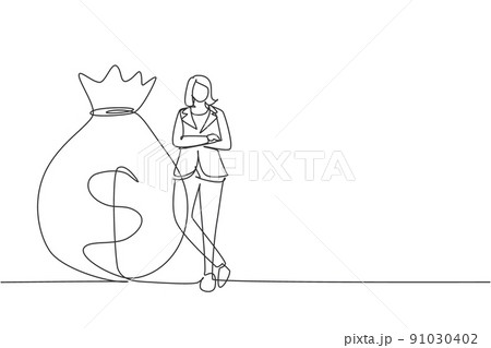 Continuous one line drawing happy businesswoman in blazer standing near big heavy bag with dollar sign. Female leaning on money sack. Successful concept. Single line draw design vector illustration 91030402